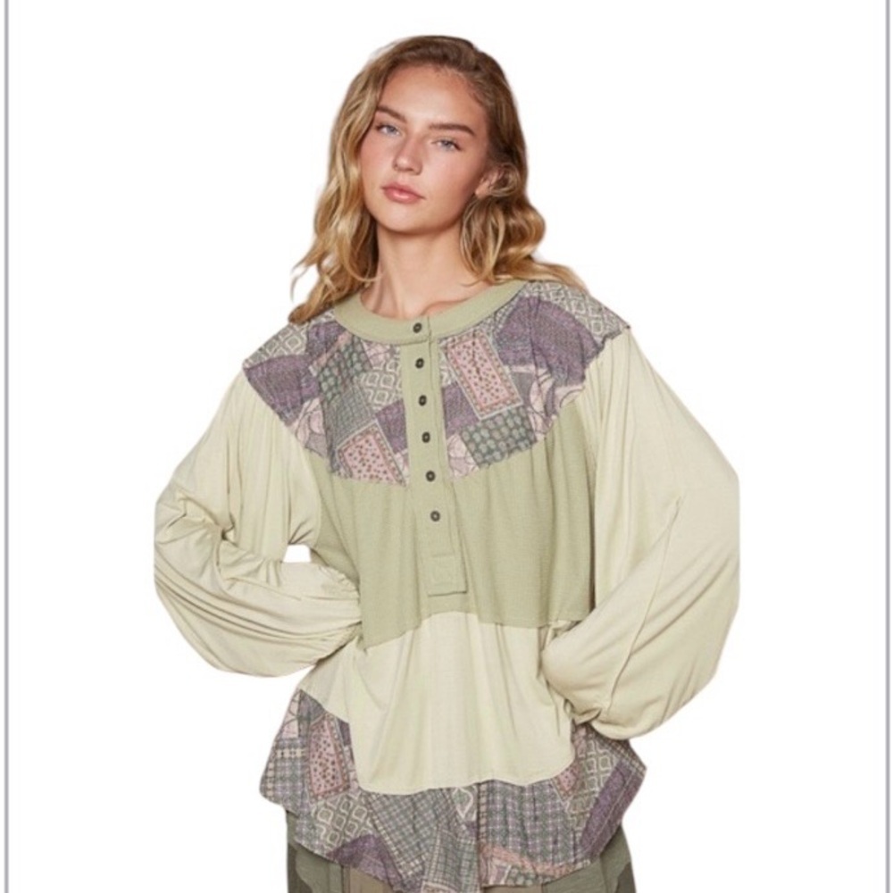 POL Boho Pistachio and Cream Patchwork Balloon Sleeve Knit Top